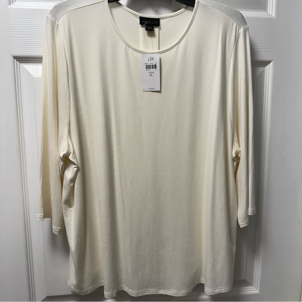 J. Jill Top Cream Relaxed Women’s Tunic with Three-Quarter Sleeves Scooped Neck